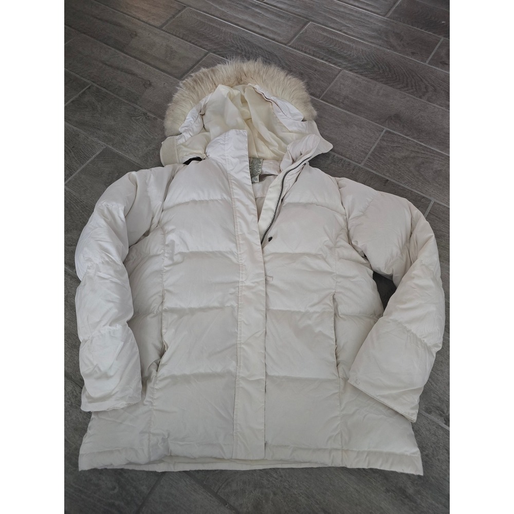 L.L. Bean Women Goose Down Puffer Parka Off-White Faux Fur Removable Hood Medium